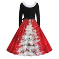 thumbnail image 3 of TIMIFIS Robes de Noël pour Femmes Imprimé de Noël Laid Robes Ligne A Robe de Bal Col en V Manches Longues Plissée Rétro, 3 of 3