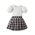 thumbnail image 1 of Honganda 1-6Y Toddler Girl Summer 2Pcs Outfit Solid Ribbed Bubble Short Sleeve Tops with Plaid Print A-Line Skirt Set, 1 of 9