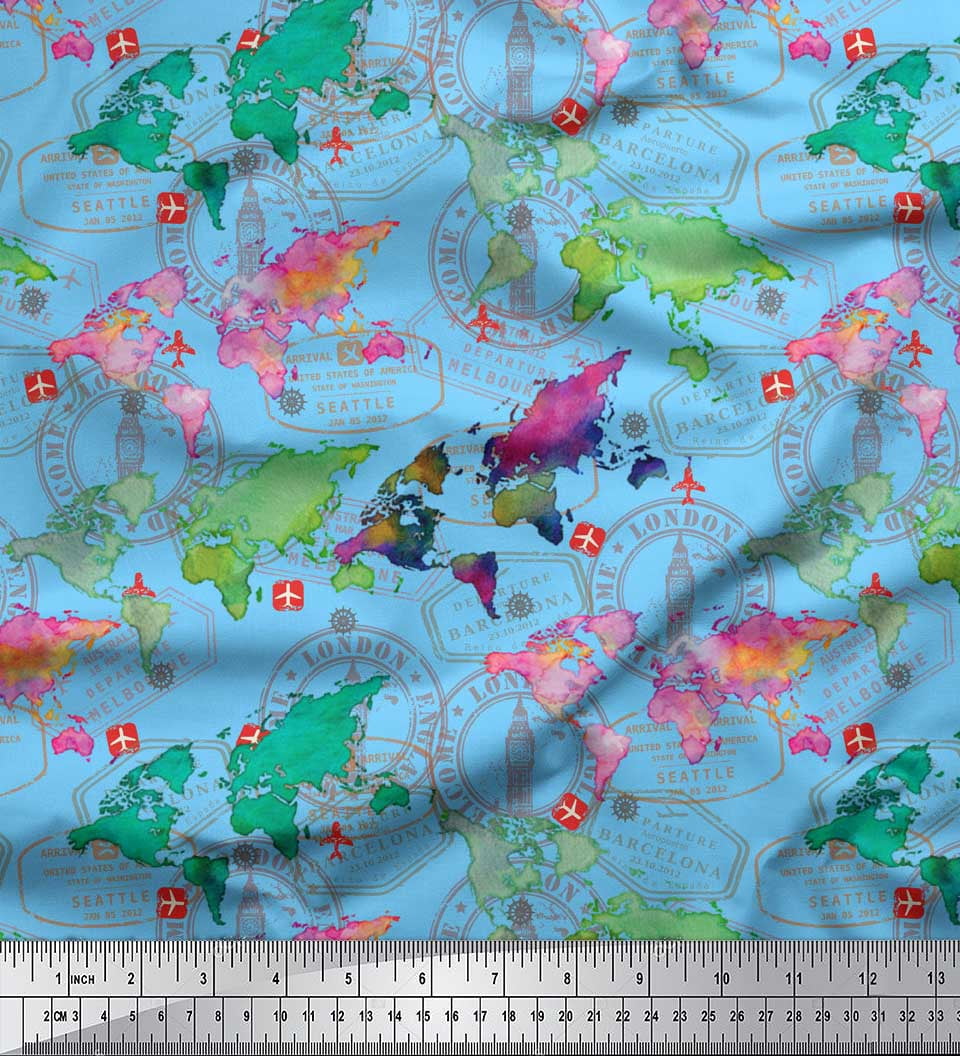 Soimoi Blue Rayon Fabric Stamp & World Map Print Fabric by the Yard 42 Inch Wide