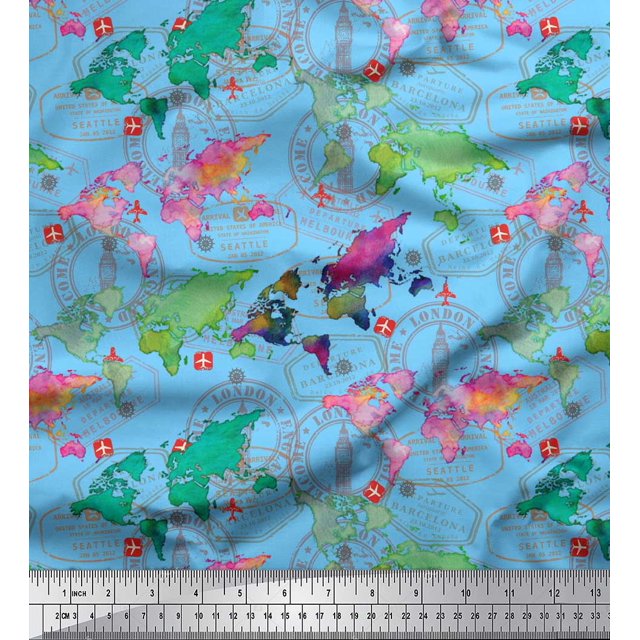 Soimoi Blue Moss Georgette Fabric Stamp & World Map Print Fabric by the Yard 42 Inch Wide