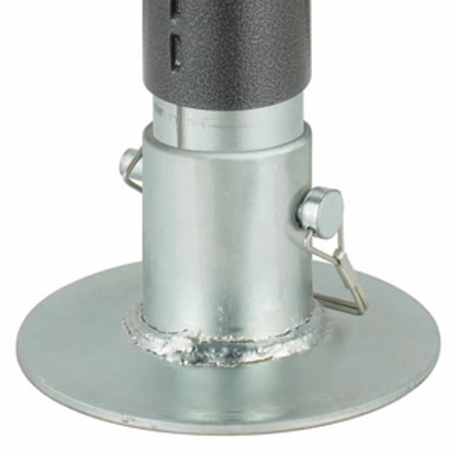 Husky Towing Trailer Tongue Jack Foot Plate 87491 Brute, a replacement 2-inch foot pad for 3000-pound jacks. The image highlights a sturdy circular metal base with secure pin attachments, designed for stability and easy installation. Suitable for automotive tongue jacks.