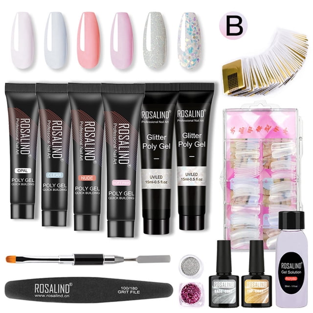 Polygel Nail Set Safe Professional Nails Builder Gel All in One Manicure File Tools Kit with six polygel tubes in mixed colors, dual-purpose extension gel polish brush, nail file, cleaning solution, base coat, top coat, nail powder, nail pieces, and paper trays. Designed for fiberglass nail expansion and creating nail extensions and designs, suitable for beginners and professionals.
