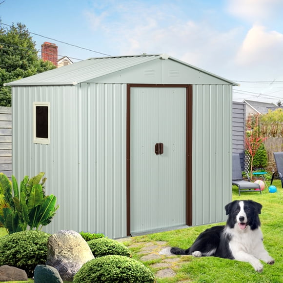 Roninkier 8ft x 4ft Outdoor Metal Storage Shed with Window Metal Foundation Sliding Lockable Door Punched Vents for Backyard Patio