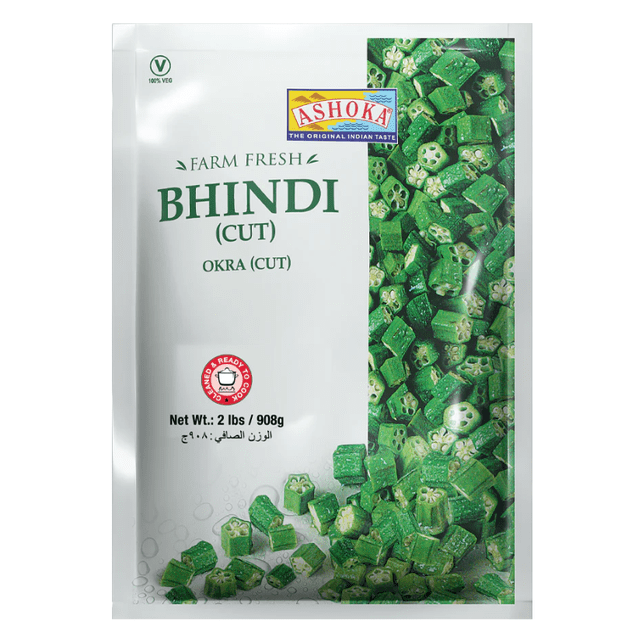 ASHOKA OKRA CUT 908G frozen cut okra pieces in a white and green bag with Ashoka logo, labeled farm fresh bhindi (cut) and net weight 2 lbs (908g), ready to cook frozen vegetable suitable for Indian dishes.