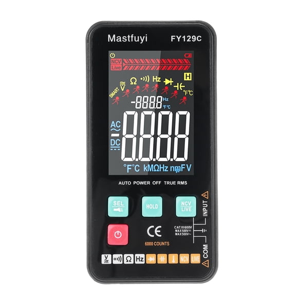 Mastfuyi Portable Smart Digital Multimeter FY129C with Stand, 5999 Counts, Backlit LCD Display for AC/DC Voltage, Resistance, Frequency, Capacitance, Temperature & Diode Testing - Black, Battery Not