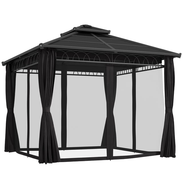 Outsunny Pavillon à Toit Rigide à Double Toit 9 Pieds x 10 Pieds avec Moustiquaires et Rideaux en Noir, Doté d'Un Cadre durable en Aluminium et Métal avec un Toit Translucide en polycarbonate. le Pavillon Comprend une Moustiquaire pour Empêcher les Insectes d'Entrer et des Rideaux en polyester pour l'Intimité. Sa Conception à Toit à Double Évent Améliore la circulation de l'Air, et la structure Est Sécurisée avec des Piquets et des Vis Inclus. Convient aux Rassemblements Extérieurs, Offrant de l'Ombre et une protection contre le Soleil, la Pluie et le Vent