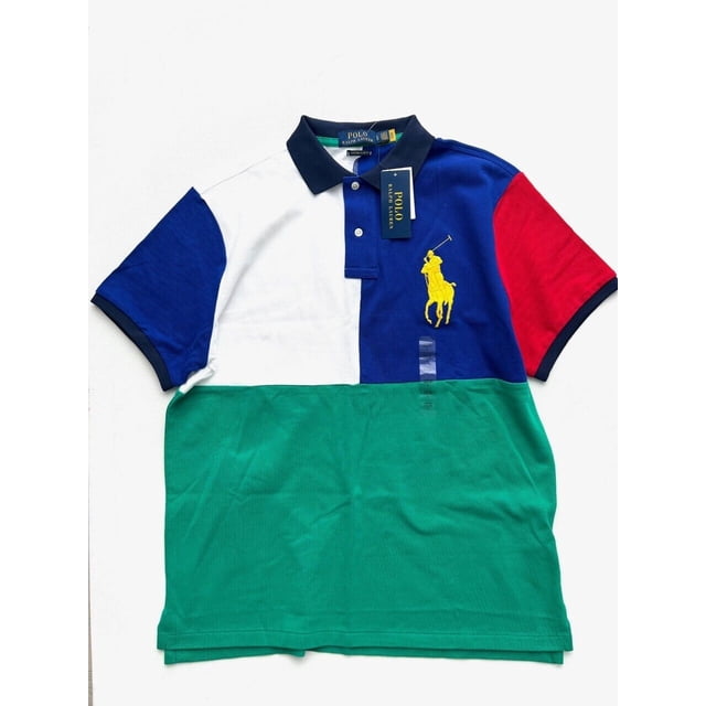 Polo Ralph Lauren Big Yellow Pony Custom Slim Fit Top in multicolour, featuring a bold colour-block design with blue, white, red, and green panels. Made from cotton, this men's polo shirt has a custom slim fit, a hi-lo hem, and side vents for added comfort. The front displays the iconic yellow pony logo on the chest. Dimensions include a pit-to-pit width of 21 inches, shoulder-to-shoulder width of 17 inches, and a front length of 27 inches. Suitable for casual and semi-formal occasions.