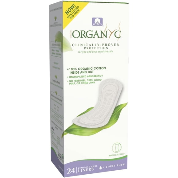 Organyc 100% Certified Organic Cotton Panty Liner for Women Sensitive Skin, Light Flow(Flat), 24 Count
