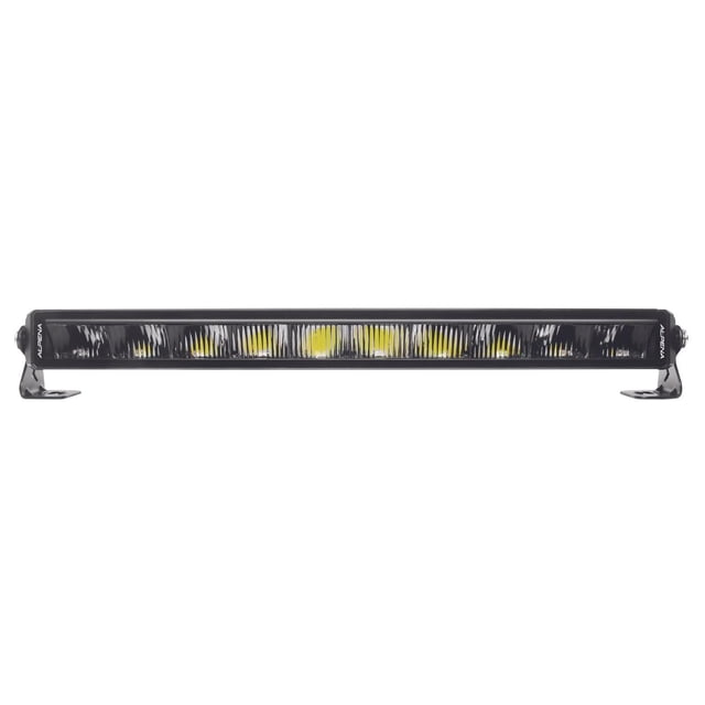 Alpena TrekTec Barre Lumineuse S22P Vue de devant Montrant une Rangée Simple de Barre Lumineuse DEL avec Boîtier en Alliage Noir, Lentille Transparente, Ampoules DEL Jaunes, Indice de Qualité IP67 et Montages Réglables en Acier Inoxydable, Convient aux Sports Motorisés et aux Véhicules Tout-Terrain.