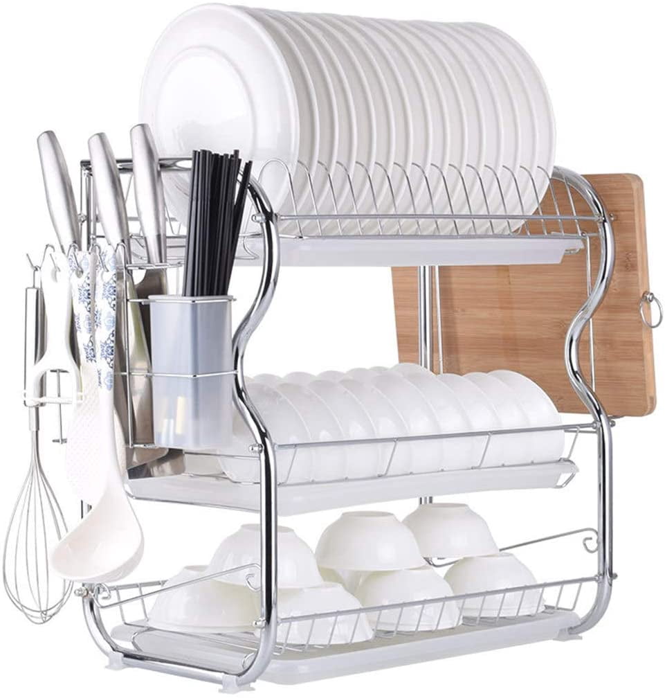 Multifunctional 3-Tier Dish Drying Rack, Stainless Steel Kitchen Sinkware Dish Rack Kitchen Supplies Drying Frame, Quick Dry with with Drainboard