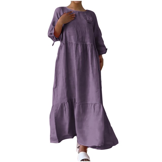 cfhntfmh Robes Grande Taille pour Femmes Confortables en Coton et Lin à Col Rond Robe Décontractée d'Automne Bordure avant Fluide à Manches Longues Robe Maxi