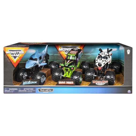 Monster Jam, 1:24 Scale Die-Cast Monster Truck 3-Pack (Grave Digger, Megalodon, Monster Mutt Dalmatian)