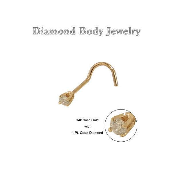 Nose Screw 14k Gold Solid Gold with genuine Diamond. This body jewelry features a 1 Pt. carat diamond set in 14k solid gold, designed in a curved screw shape for a secure fit. The piece is 20 gauge, nickel-free, hypoallergenic, and autoclave safe, suitable for universal wear.