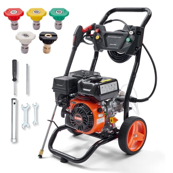 KFFKFF Gas-Powered Pressure Washer, 3400 PSI 2.6 GPM, Equipped with Aluminum Pump, Spray Apparatus and Extension Rod, 5 Rapid Connect Spray Tips