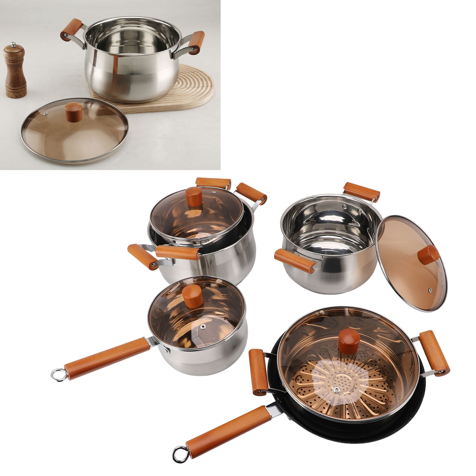 Cooking Stainless Steel Cookware Set Wooden Handle Multifunctional Kitchen Cooking Set for Steaming Boiling Making Soup