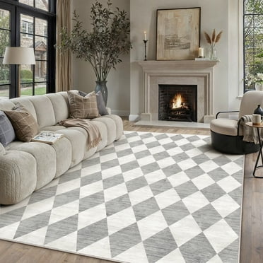 BERTHMEER 6'x9' Area Rugs for Living Room Bedroom Office Dining Room Farmhouse Geometric Modern Rhombus Checkered Contemporary Rugs Non Slip Washable Rugs Tapis Carpets,Gray
