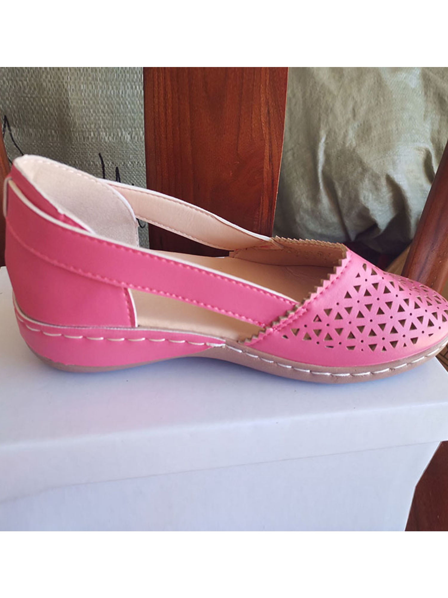 Woobling Ladies Wedges Solid Color Sandals Slip On Shoes Breathable Travel Pink 5