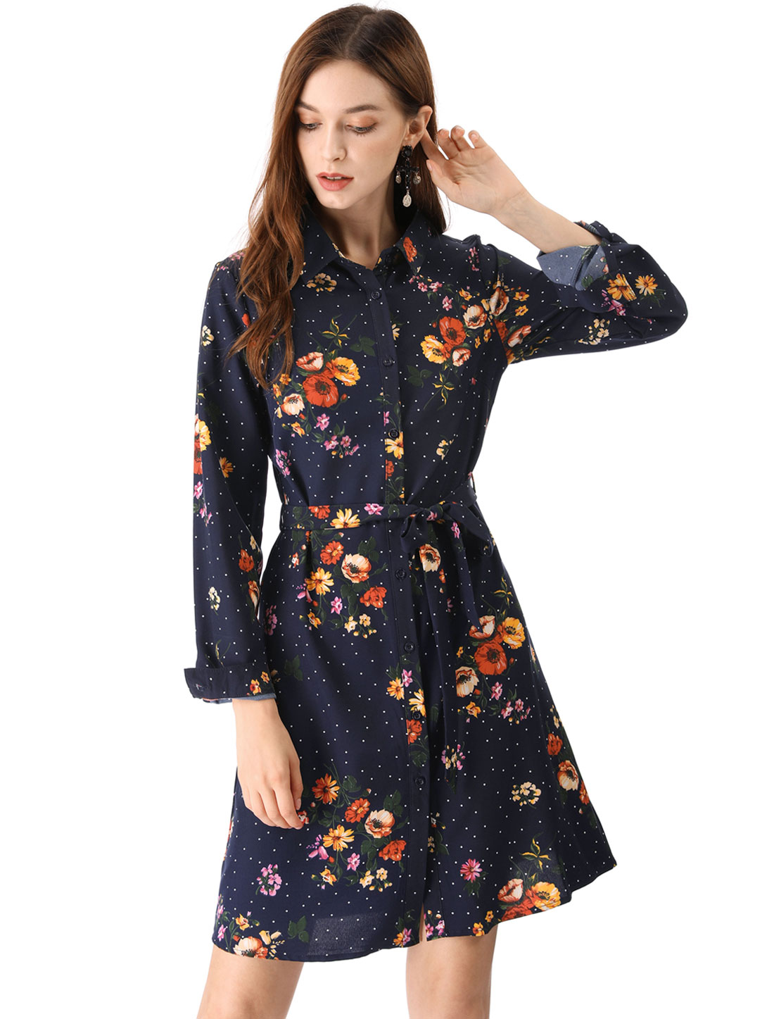 Allegra K Robe-Chemise à Fleurs pour Femme à Revers, Boutonnée, avec Ceinture, TG Bleu Foncé
