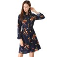 thumbnail image 1 of Allegra K Robe-Chemise à Fleurs pour Femme à Revers, Boutonnée, avec Ceinture, TG Bleu Foncé, 1 of 5