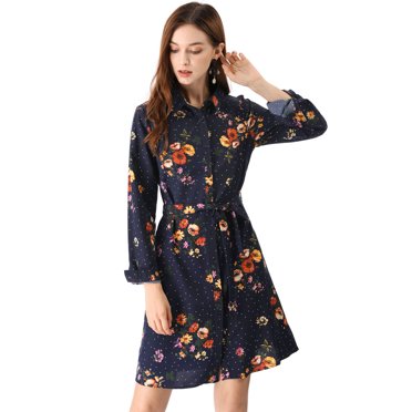 Allegra K Robe-Chemise à Fleurs pour Femme à Revers, Boutonnée, Ceinturée, m Bleu Foncé