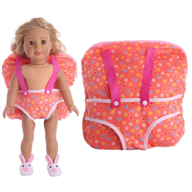 Doll Backpack Carrier Creative Doll Back Carrier Doll Accessories for 18in Doll. The image shows a watermelon red cloth backpack carrier with a colorful star pattern, suitable for 18-inch dolls. It includes pink straps and white trim, displayed on a doll and separately. Doll not included.