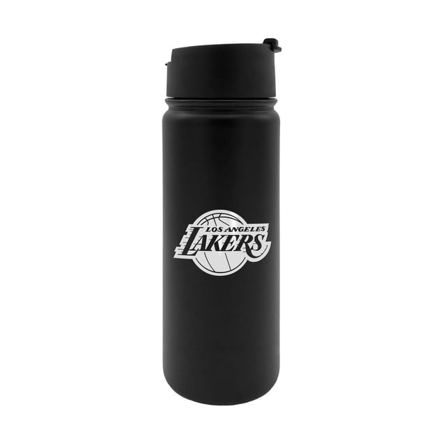 STAINLESS STEEL EXECUTIVE 18OZ WATER BOTTLE NBA LOS ANGELES LAKERS in matte black with a white Lakers logo, featuring double-wall vacuum insulation to keep beverages hot for 8 hours or cold for 24 hours, a spill-resistant flip-top lid, and a wide mouth for ice, ideal for sports fans and everyday hydration.