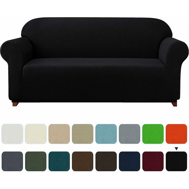 Subrtex Canapé Extensible 1 Pce Slipcover avec Motif à Grille Texturé en Noir, Conçu pour s'Adapter à Diverses Tailles de Canapé. Comprend des Coins Élastiques Intégrés pour un Ajustement Sécuritaire et Est Fait d'Un Mélange durable et Doux de polyester-spandex. Agit comme Protecteur de Canapé contre les Déversements et l'Usure. Comprend Plusieurs options de Couleur Affichées sous le Canapé.