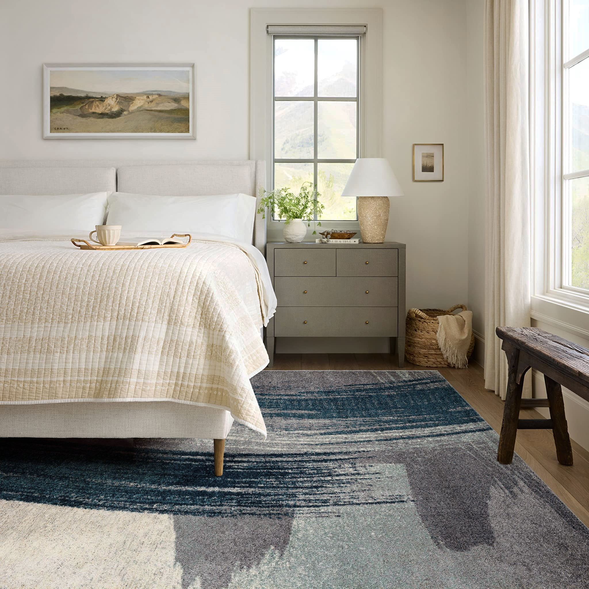 Tapis d'intérieur scandinave Rug Branch Nova 2' x 25' (taille exacte : 2'3" x 25'), bleu et blanc, contemporain - Entrée, couloir, salle de bain et cuisine