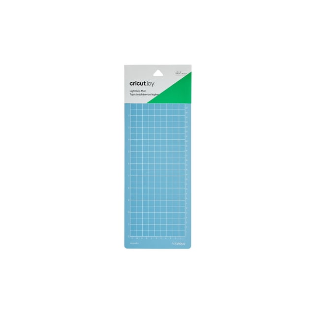 Cricut Joy™ LightGrip Mat 4.5 in x 12 in with blue grid surface and white measurement markings, designed to secure lightweight materials like paper and cardstock for cutting with Cricut Joy machines, featuring a green and white branded header with size details.