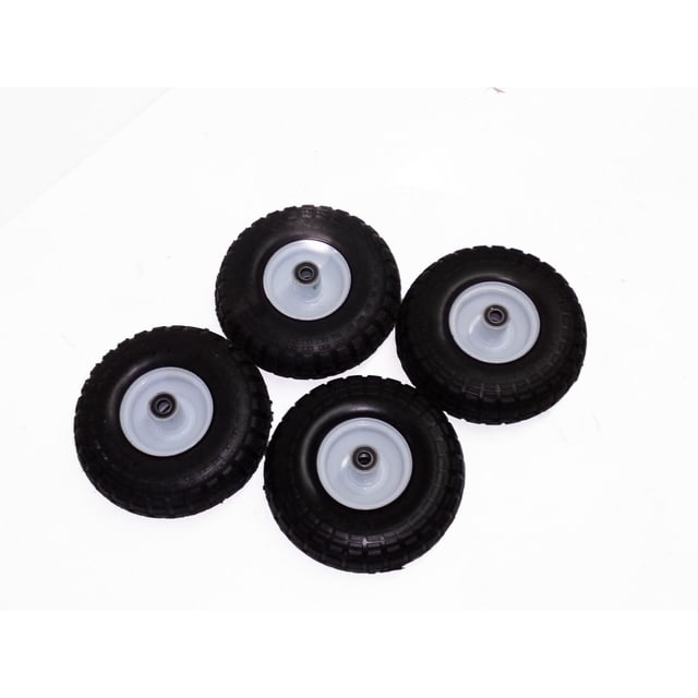 Millside 4-inch x 10-inch pneumatic wheels 4-pack with black rubber tires, gray metal rims, and installed bearings, ideal for garden carts and wheelbarrows to navigate rough terrain and packed snow.
