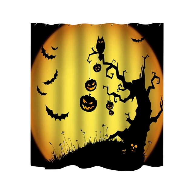 TopLLC Halloween Themed Digital Printed Shower Curtain, Bathroom Curtain featuring a spooky design with a silhouette of a twisted tree, hanging jack-o'-lanterns, bats, and an owl against a glowing yellow moon. Made of durable polyester fabric, it measures 180x150 cm (59x71 inches) and includes metal grommets for easy installation. Ideal for Halloween bathroom décor or as a festive room partition.