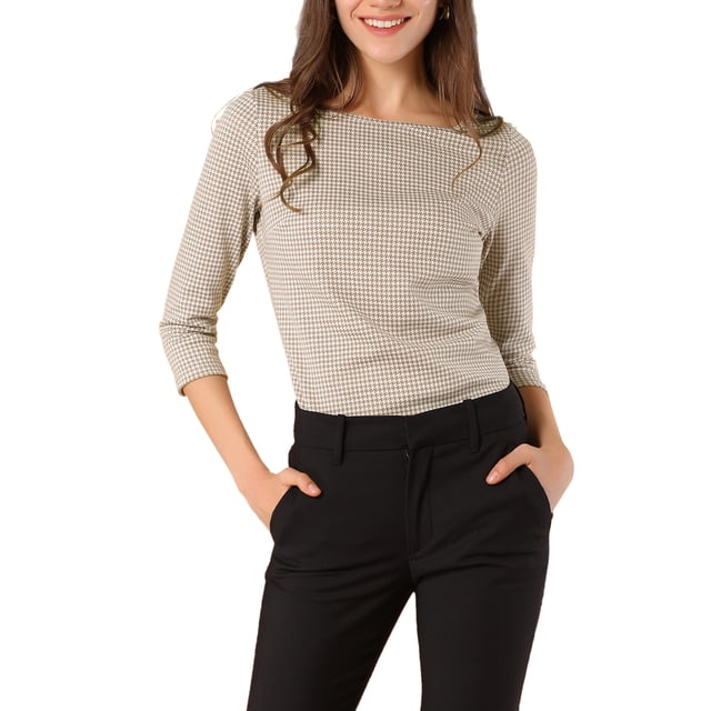 INSPIRE CHIC Women's Work 3/4 Sleeve Boat Neck Houndstooth Blouse Tops
