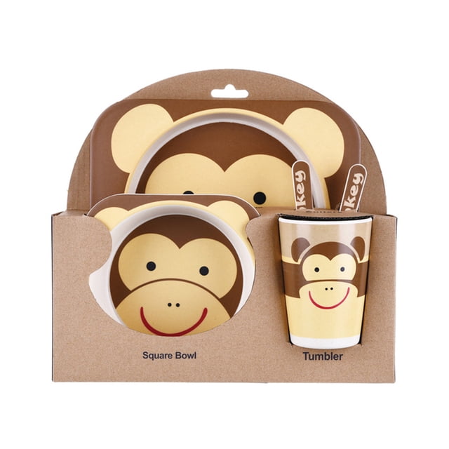 Walson Kids Tableware Set 5Pcs Baby Bamboo Fiber Cartoon Bowl Animal Dinnerware Set with a playful monkey design. Includes a large divided plate, bowl, cup, spoon, and fork made from sustainable bamboo fiber. BPA-free, dishwasher safe, and ideal for toddler feeding. Perfect for daily use or as a gift for baby showers and holidays.