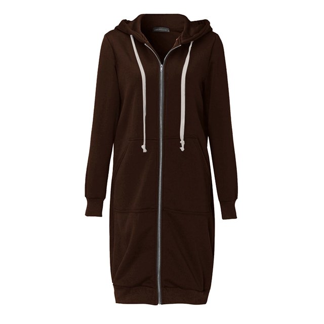PEZHADA Économies d'Automne Chandail à Capuchon à Fermeture à Glissière Décontracté pour Femme Veste Mi-Longue Peluche Insert Sac Chandail à Fermeture Éclair Chandail à Capuchon à Cordon avec Poche Café