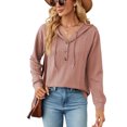 thumbnail image 2 of Yuyuzo Womens Fall Sweatshirts Drawstring V Neck Buttons Long Sleeve Textured Knit Pullover Tops, 2 of 7