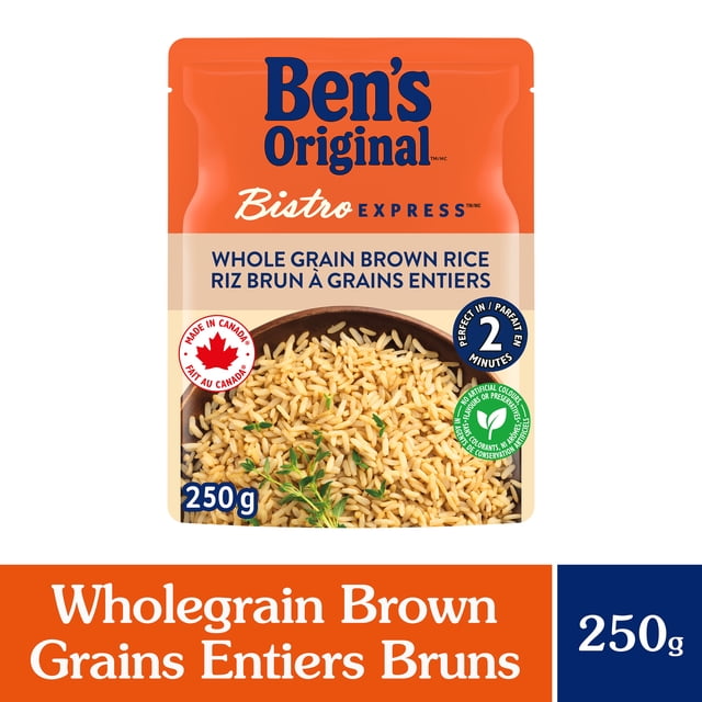 BEN'S ORIGINAL BISTRO EXPRESS Whole Grain Brown Rice 250g microwavable pouch with orange and beige packaging showing cooked whole grain brown rice garnished with herbs, made in Canada, ready in 2 minutes, containing no artificial colours, flavours, or preservatives, suitable for quick nutritious side dishes.