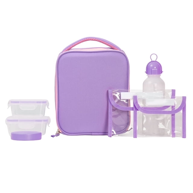 Jetstream 7-Piece Kids Lunch Bag Set with a purple insulated lunch bag featuring pink trim and handle, two clear plastic containers with purple lids, a reusable water bottle with a purple cap, two clear snack bags with purple trim, and an ice pack to keep food fresh, suitable for school lunches and snacks.