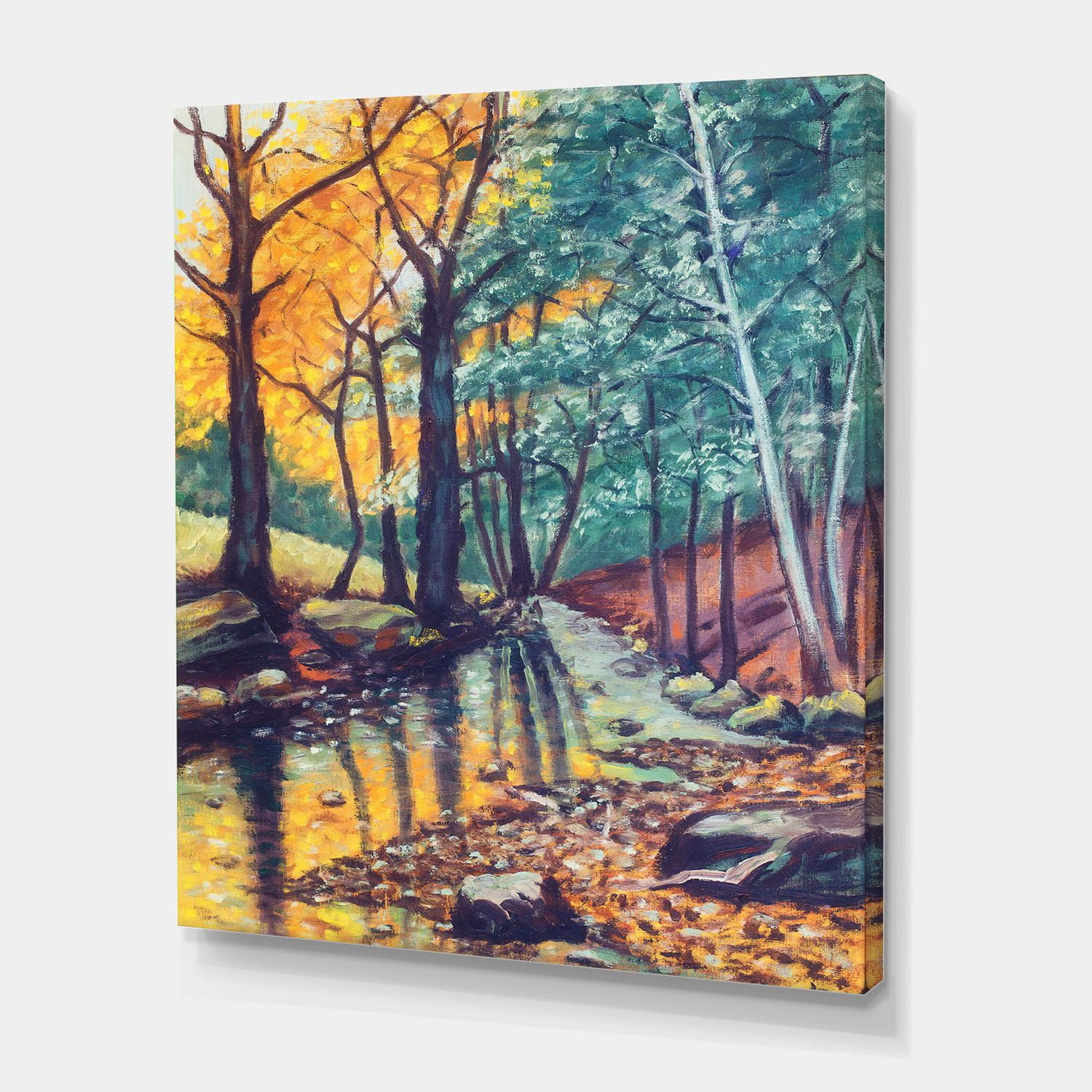 Designart paysage, à, rivière, dans, forêt automne, coucher soleil Art mural sur toile
