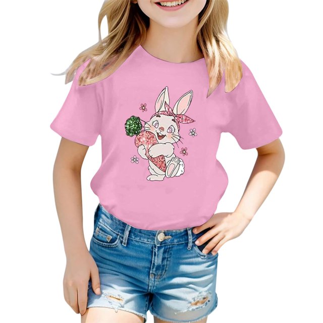 PMVFHDE T-Shirt Fille T-Shirts pour Fille T-Shirts pour Fille T-Shirts pour Fille Graphique Hauts d'Été pour Filles 2025 T-Shirt à Imprimé pour Enfants Col Rond Manches Courtes Rose, 4-5 Ans