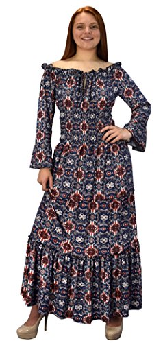 Peach Couture Robe Maxi Renaissance à Taille Smockée Manches 3/4 Gypsy Boho Bleu Marine Rouge, Large