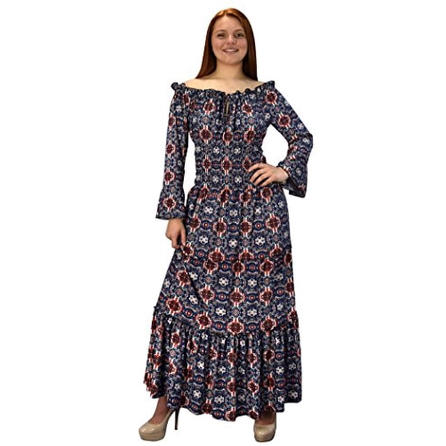 Peach Couture Robe Maxi Renaissance à Taille Smockée Manches 3/4 Gypsy Boho Bleu Marine Rouge, Large