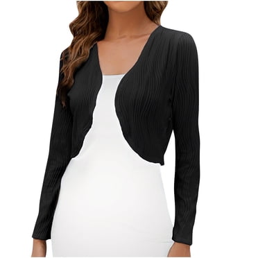 Boléros à Manches Longues pour Femmes, Cardigans Courts Côtelés à devant Ouvert, Hauts Légers, Cache-Maillots pour Robe, Noir, 2TG