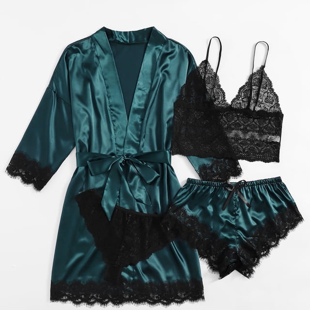 LSLJS Women Lace Satin Wireless Bra Camisole Shorts Pajamas Robe Four Piece Set, Lingerie Sets