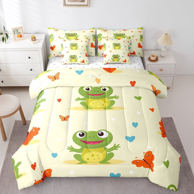 Erosebrial 7Pcs Frog Comforter Set Bed In A Bag, Cartoon Frog Butterfly Decor Full Size