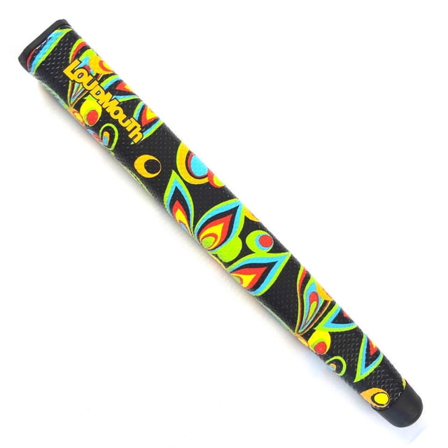 NEW Loudmouth Shagadelic Black Jumbo Putter Grip with Ballmarker featuring a vibrant multicoloured psychedelic pattern on a black background. Designed for golf enthusiasts, this jumbo grip offers enhanced control and comfort. Includes a ball marker for added convenience.