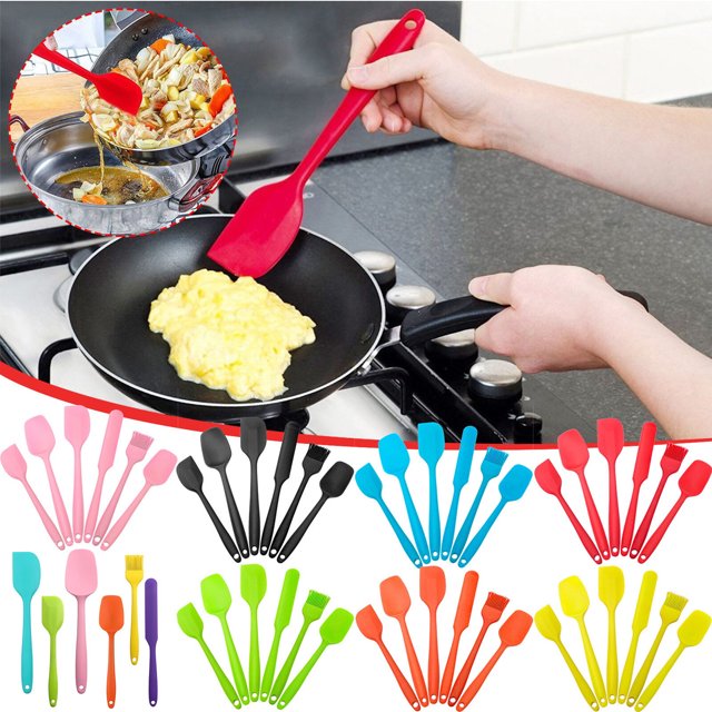 Vaidha Ensemble de 6 Spatules Ensemble d'Ustensiles de Spatule de Cuisine avec Spatules en silicone Durables et Résistantes à la Chaleur aux Couleurs Vibrantes, Idéal pour la Cuisson, la Pâtisserie, le Mélange et le Glaçage. Présente une Conception Monobloc Sans Joint avec un Noyau en Acier Inoxydable pour la Force et une Prise Antidérapante. Antiadhésif et Compatible Lave-Vaisselle, Convient aux Batteries de Cuisine Antiadhésives. Montré comme Utilisé pour Cuire des Oeufs Brouillés et Faire Sauter des Légumes, avec des Ensembles de Spatules Colorées Supplémentaires Présentés Ci-Dessous.