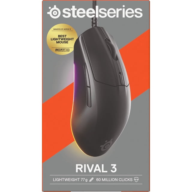 RIVAL 3 GEN2 WIRED MOUSE BLACK - PC featuring a black wired gaming mouse with ergonomic design, two side buttons, textured scroll wheel, and subtle RGB lighting. It weighs 77g and supports up to 60 million durable clicks for precise, responsive PC gaming.