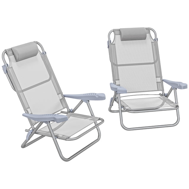 Outsunn Ensemble de 2 Chaises de Pêche, Chaises de Camping pour l'Extérieur, Gris Pâle. Ces Chaises Pliables Comprennent un Tissu en Maille Respirante, des Dossiers Réglables Inclinables jusqu'à 165°, et des Appuie-Têtes Rembourrés pour un Confort Accru. Fabriquées avec un Cadre en Aluminium Oxydé Léger Mais Robuste, Elles Conviennent à la Pêche, au Camping Ou aux Sorties à la Plage. Chaque Chaise Supporte jusqu'à 265 Lb et Se Replie de Façon Compacte pour un Rangement Facile. Dimensions : 24,4 Pouces de Large par 25,6 Pouces de