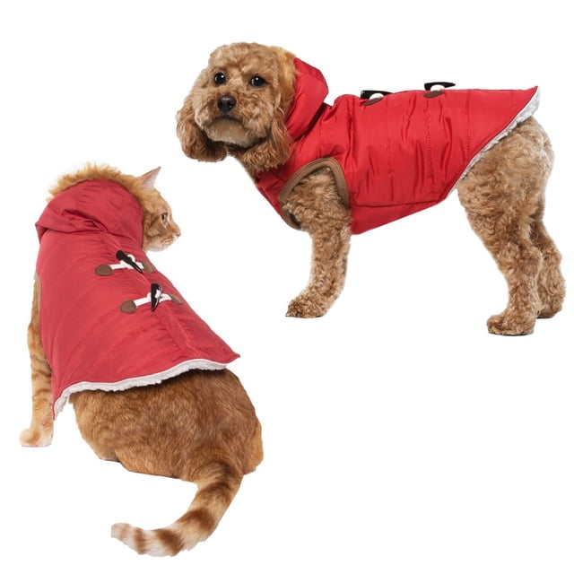 Holiday Time Dog Clothes: Hooded Jacket for Fall & Winter, Red with Faux Toggles, Size XS-XL
