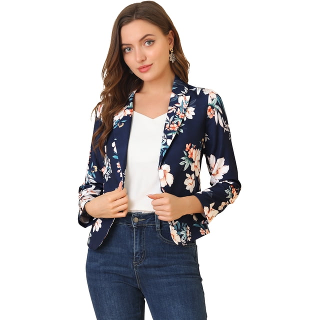 INSPIRE CHIC Women's Open Front Floral Print Blazer Deep Blue-Floral M